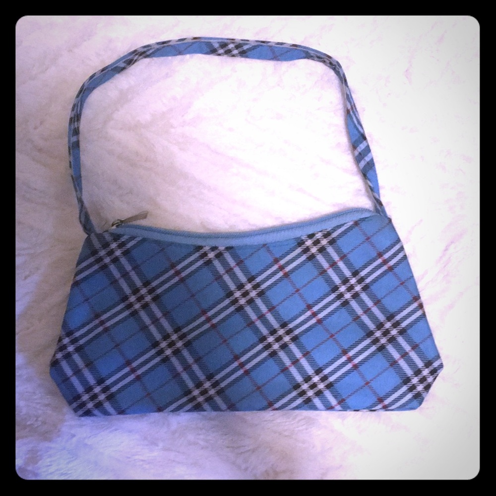 One pouch, small blue plaid purse.